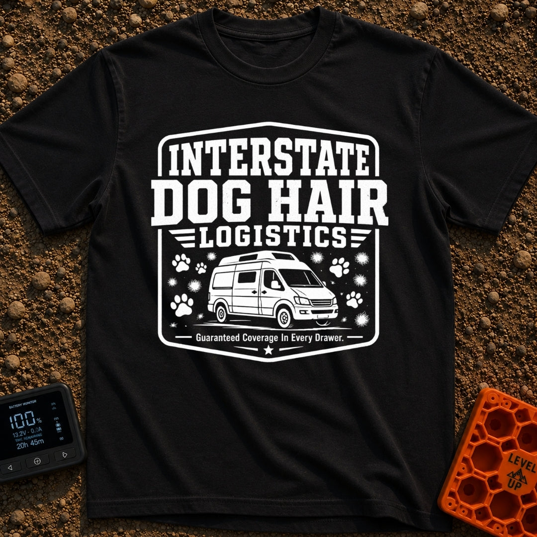 Fur Distribution Center - T-Shirt in Black - A black and white badge-style illustration of a camper van with a roof rack,...