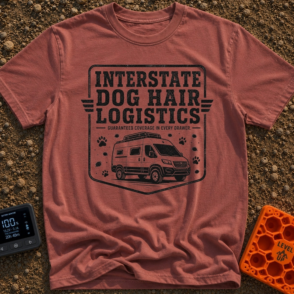 Fur Distribution Center - T-Shirt in Brick - A black and white badge-style illustration of a camper van with a roof rack,...