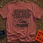 Fur Distribution Center - T-Shirt in Brick - A black and white badge-style illustration of a camper van with a roof rack,...