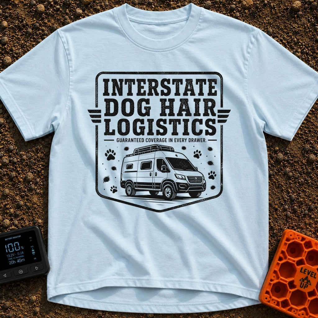 Fur Distribution Center - T-Shirt in Chambray - A black and white badge-style illustration of a camper van with a roof...