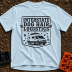 Fur Distribution Center - T-Shirt in Chambray - A black and white badge-style illustration of a camper van with a roof...