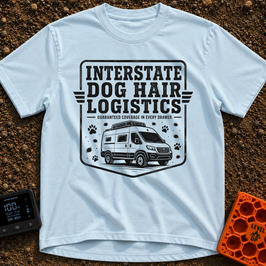 Fur Distribution Center - T-Shirt in Chambray - A black and white badge-style illustration of a camper van with a roof...
