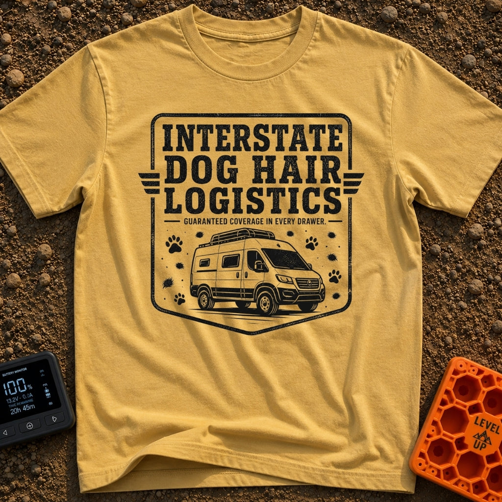 Fur Distribution Center - T-Shirt in Mustard - A black and white badge-style illustration of a camper van with a roof...