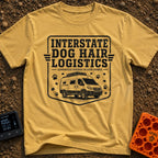 Fur Distribution Center - T-Shirt in Mustard - A black and white badge-style illustration of a camper van with a roof...