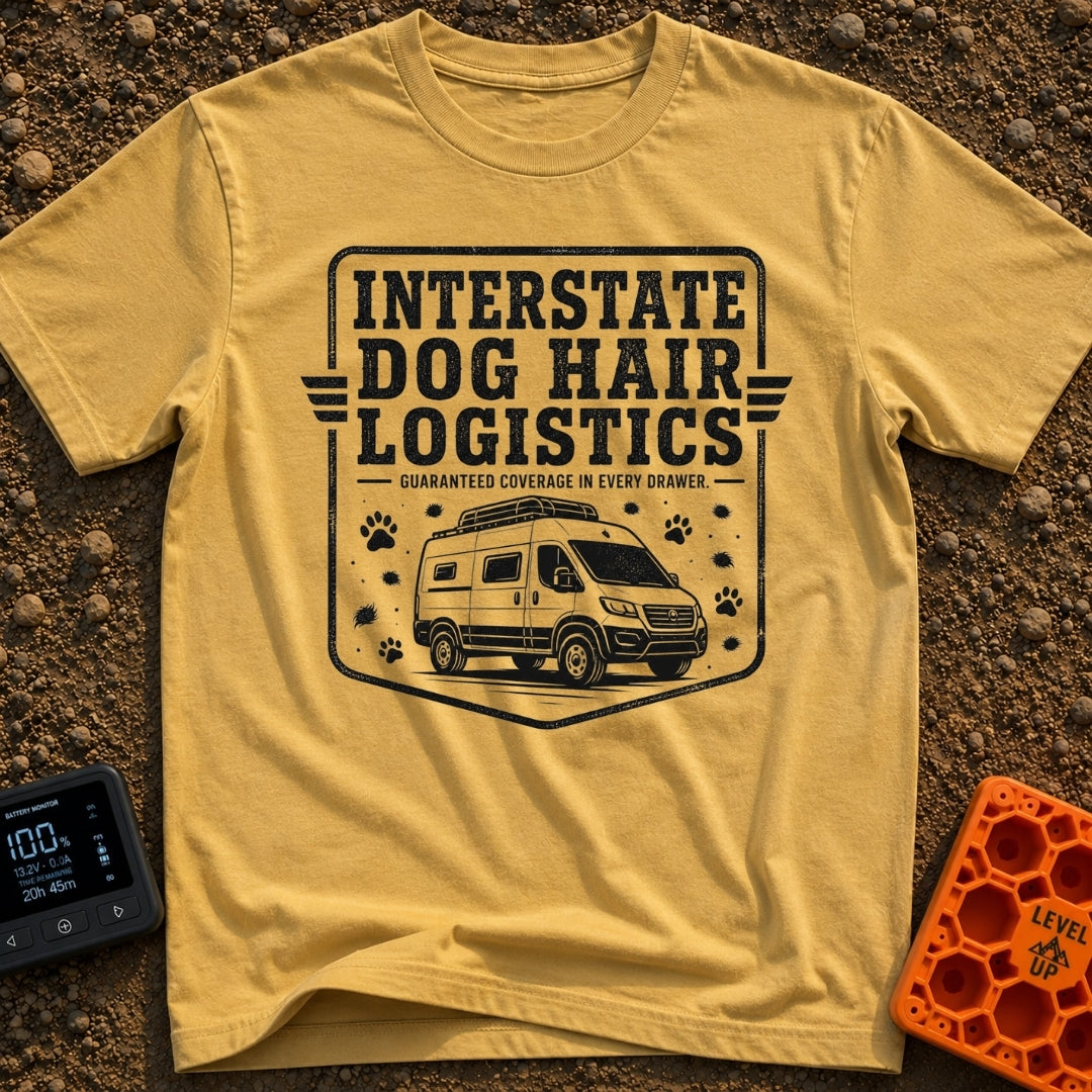 Fur Distribution Center - T-Shirt in Mustard - A black and white badge-style illustration of a camper van with a roof...