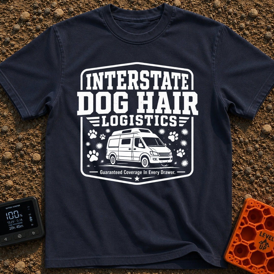 Fur Distribution Center - T-Shirt in Navy - A black and white badge-style illustration of a camper van with a roof rack,...
