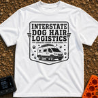 Fur Distribution Center - T-Shirt in White - A black and white badge-style illustration of a camper van with a roof rack,...