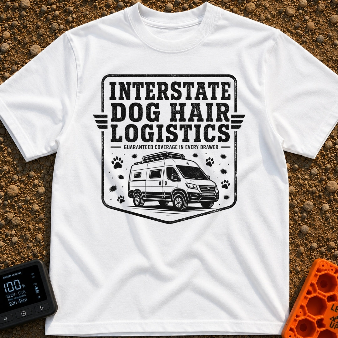 Fur Distribution Center - T-Shirt in White - A black and white badge-style illustration of a camper van with a roof rack,...