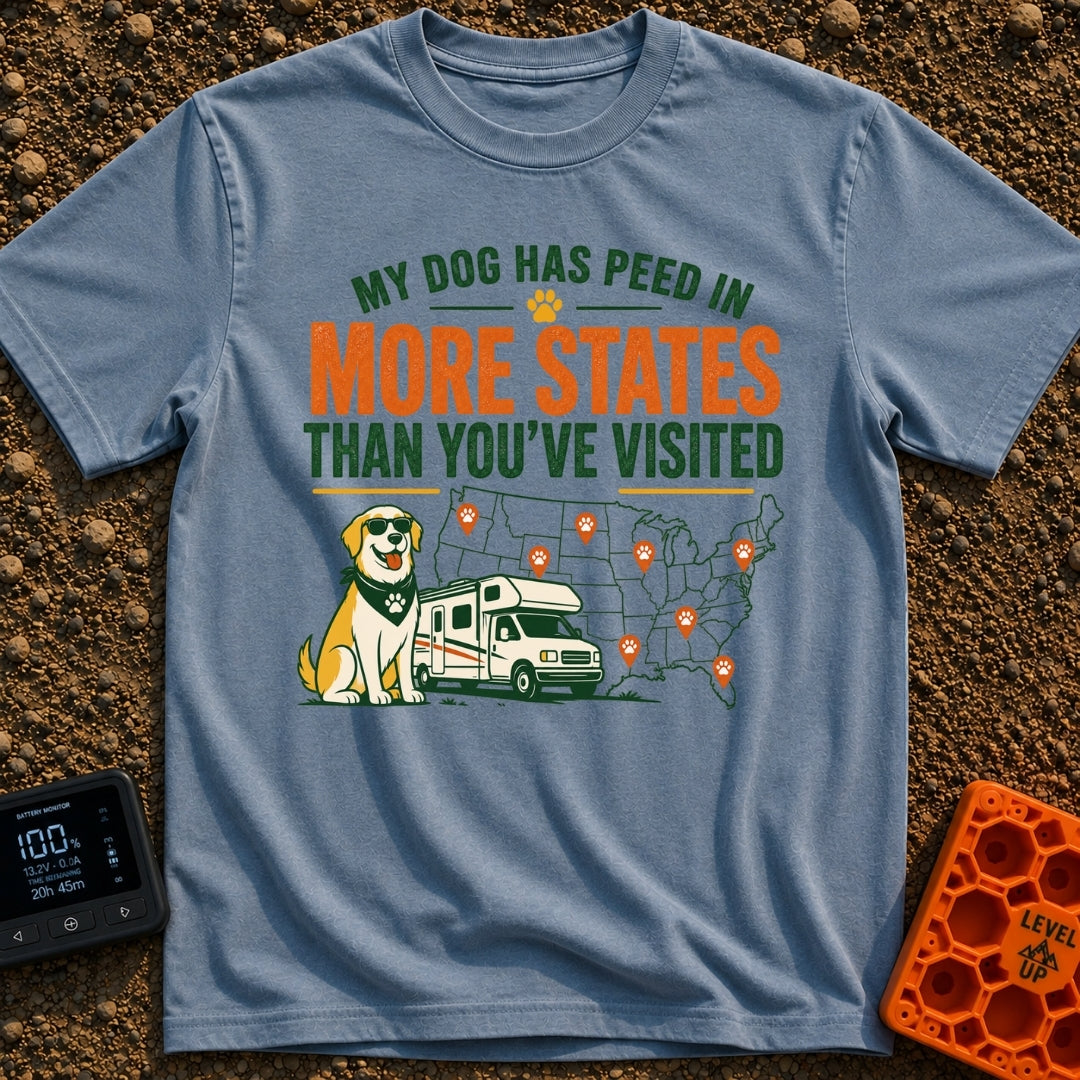 Marked In More States - T-Shirt in Blue Jean - A cartoon dog wearing sunglasses and a bandana sits next to a Class C...