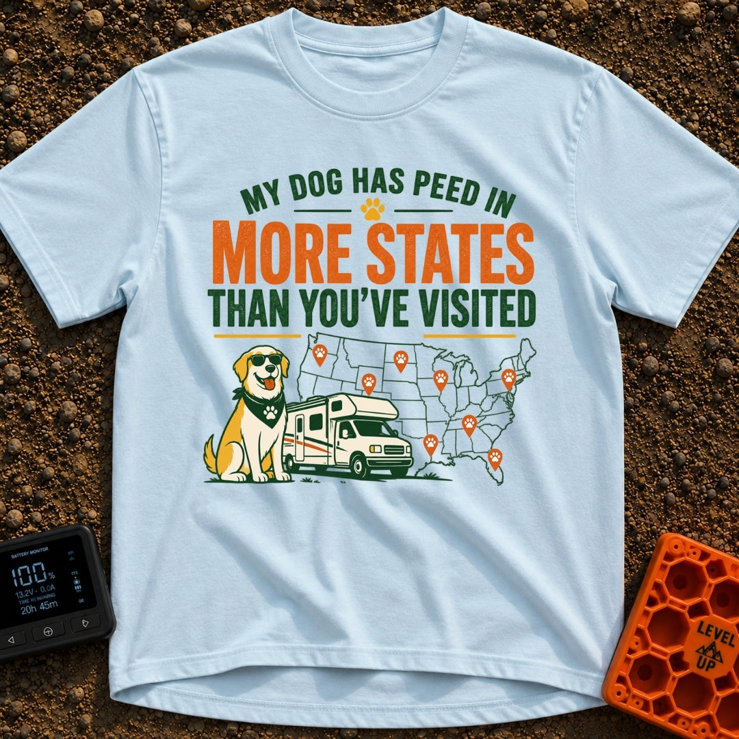 Marked In More States - T-Shirt in Chambray - A cartoon dog wearing sunglasses and a bandana sits next to a Class C...