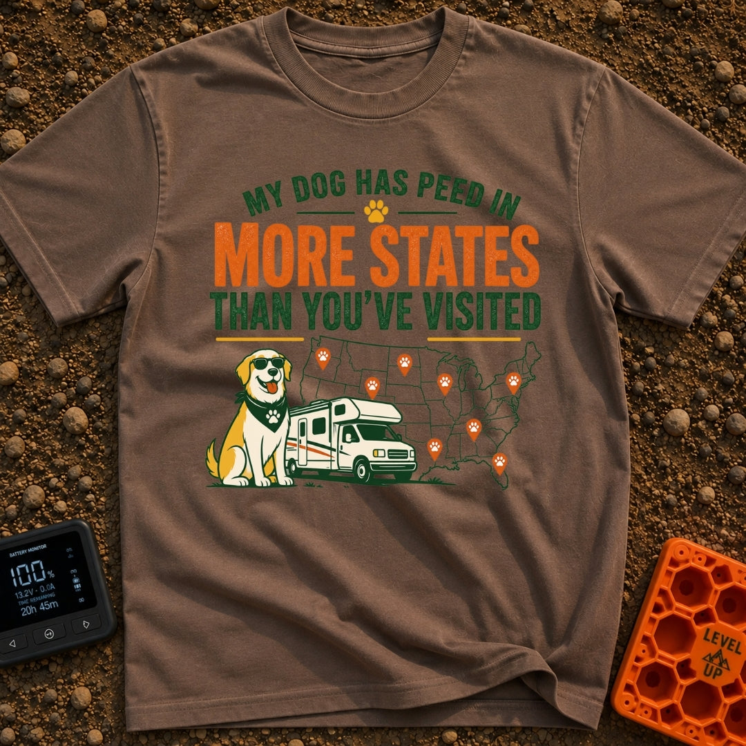 Marked In More States - T-Shirt in Espresso - A cartoon dog wearing sunglasses and a bandana sits next to a Class C...