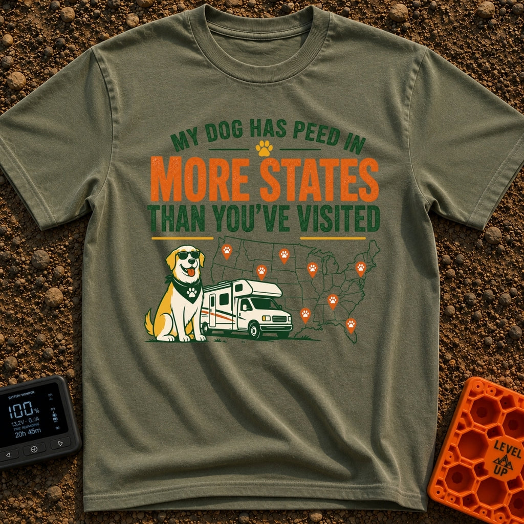 Marked In More States - T-Shirt in Moss - A cartoon dog wearing sunglasses and a bandana sits next to a Class C...