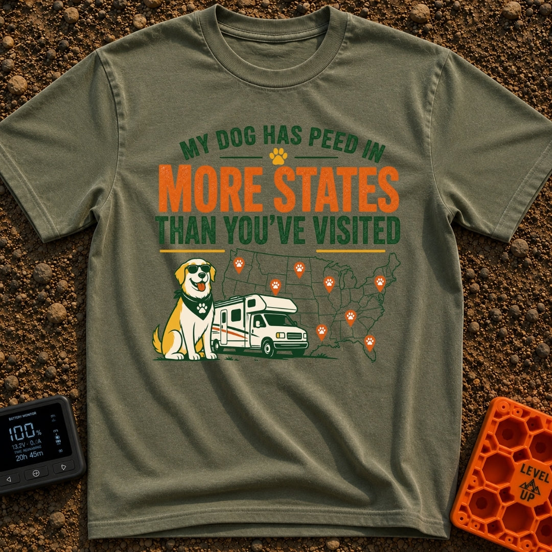 Marked In More States - T-Shirt in Moss - A cartoon dog wearing sunglasses and a bandana sits next to a Class C...