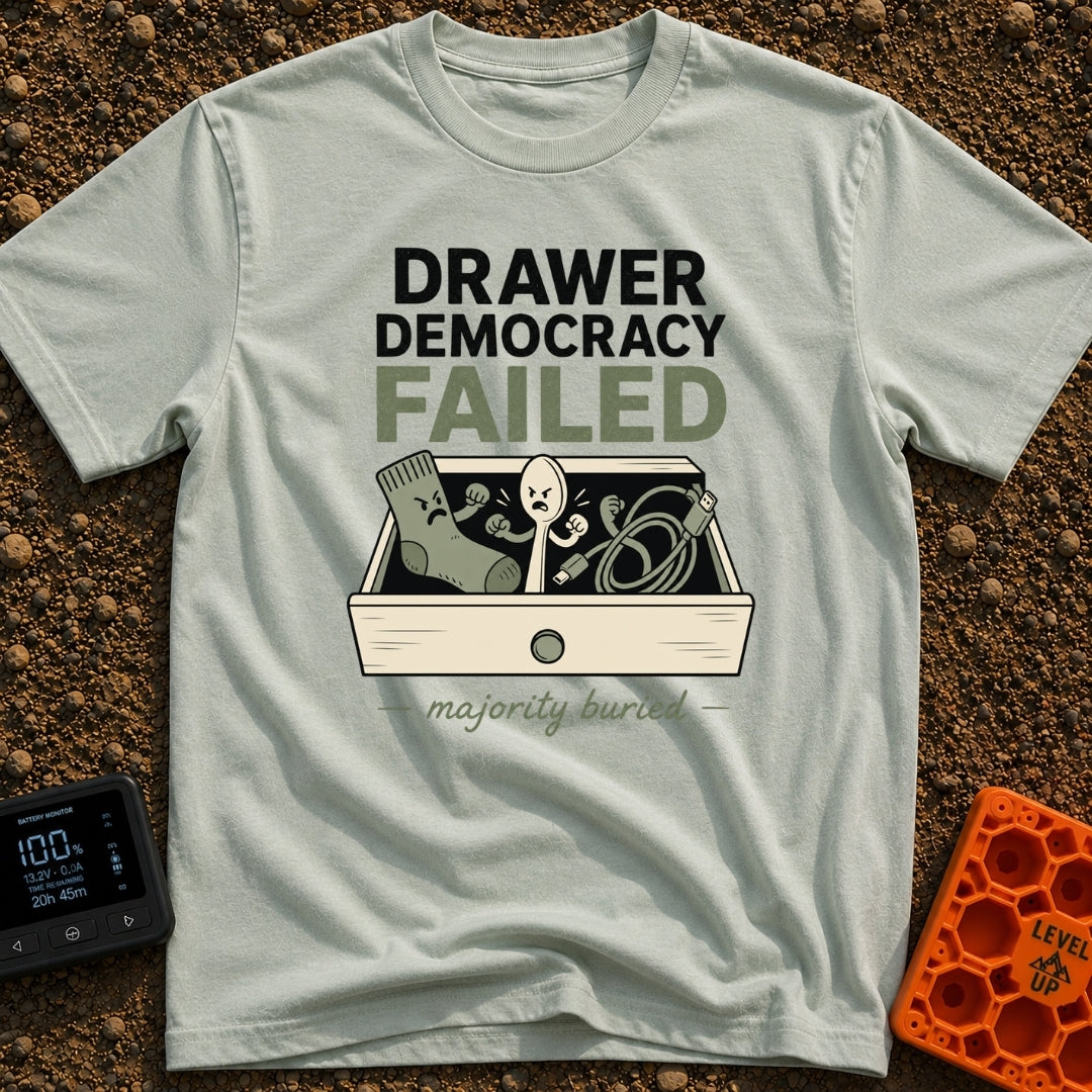 The Drawers Have Spoken - T-Shirt in Bay - A cartoon illustration of an open wooden drawer containing an angry sock, a...