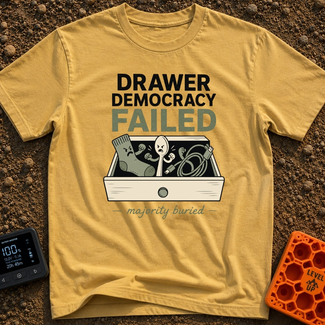The Drawers Have Spoken - T-Shirt in Mustard - A cartoon illustration of an open wooden drawer containing an angry sock,...