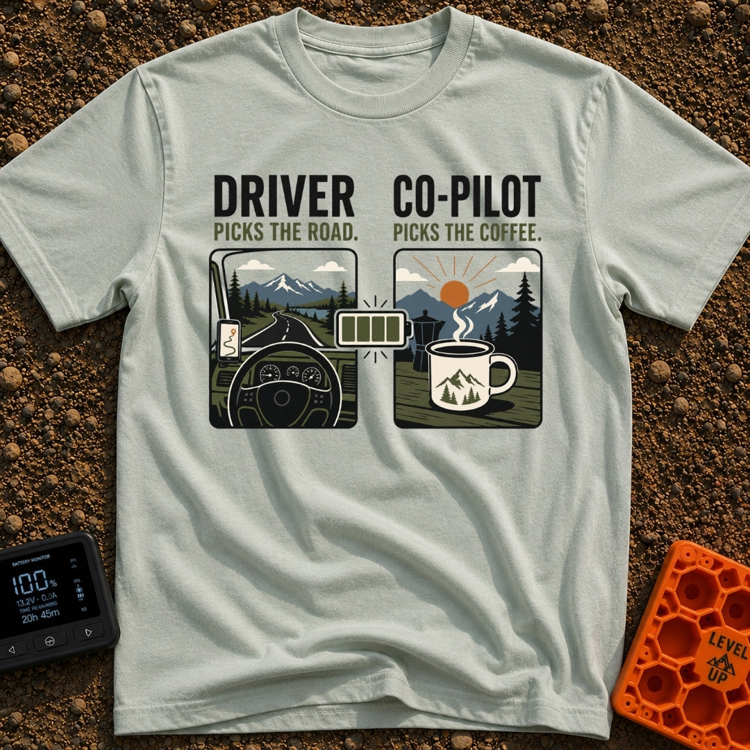 Co-Pilot's Brew Code - T-Shirt in Bay - A split-panel design showing a steering wheel and dashboard looking out at a...
