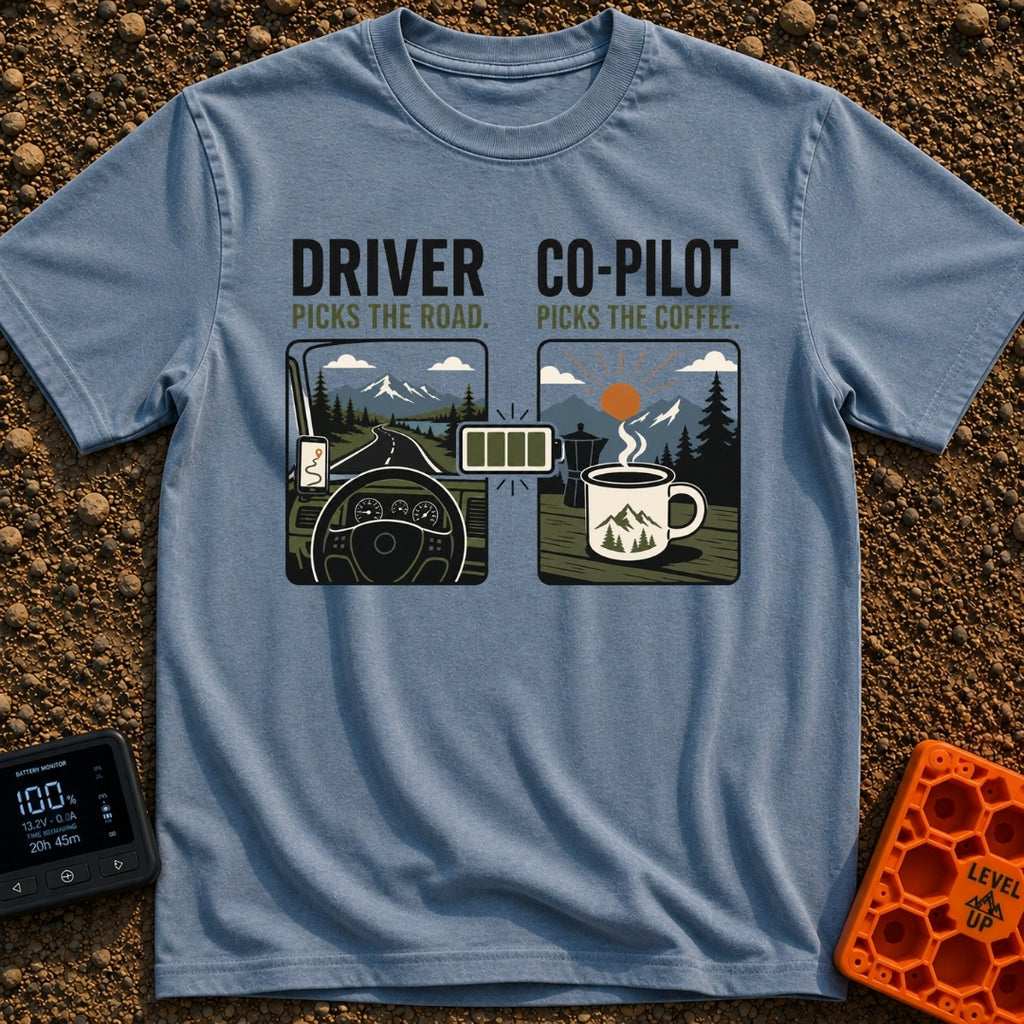 Co-Pilot's Brew Code - T-Shirt in Blue Jean - A split-panel design showing a steering wheel and dashboard looking out at...