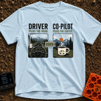 Co-Pilot's Brew Code - T-Shirt in Chambray - A split-panel design showing a steering wheel and dashboard looking out at a...
