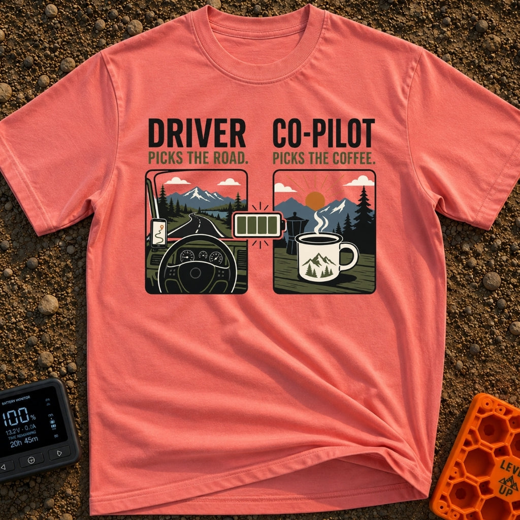 Co-Pilot's Brew Code - T-Shirt in Watermelon - A split-panel design showing a steering wheel and dashboard looking out at...