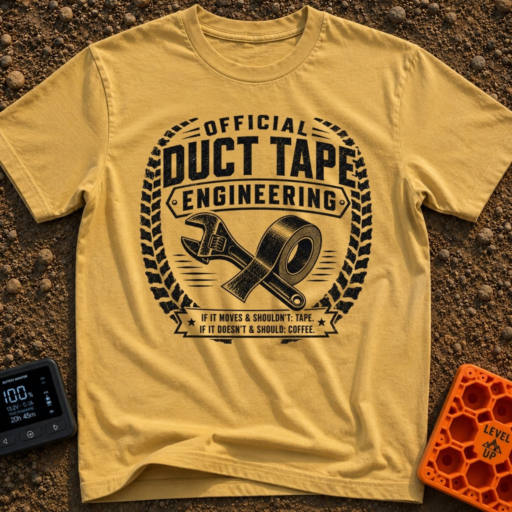 Temporary Permanent Fix - T-Shirt in Mustard - A distressed black and white circular emblem featuring a crossed...