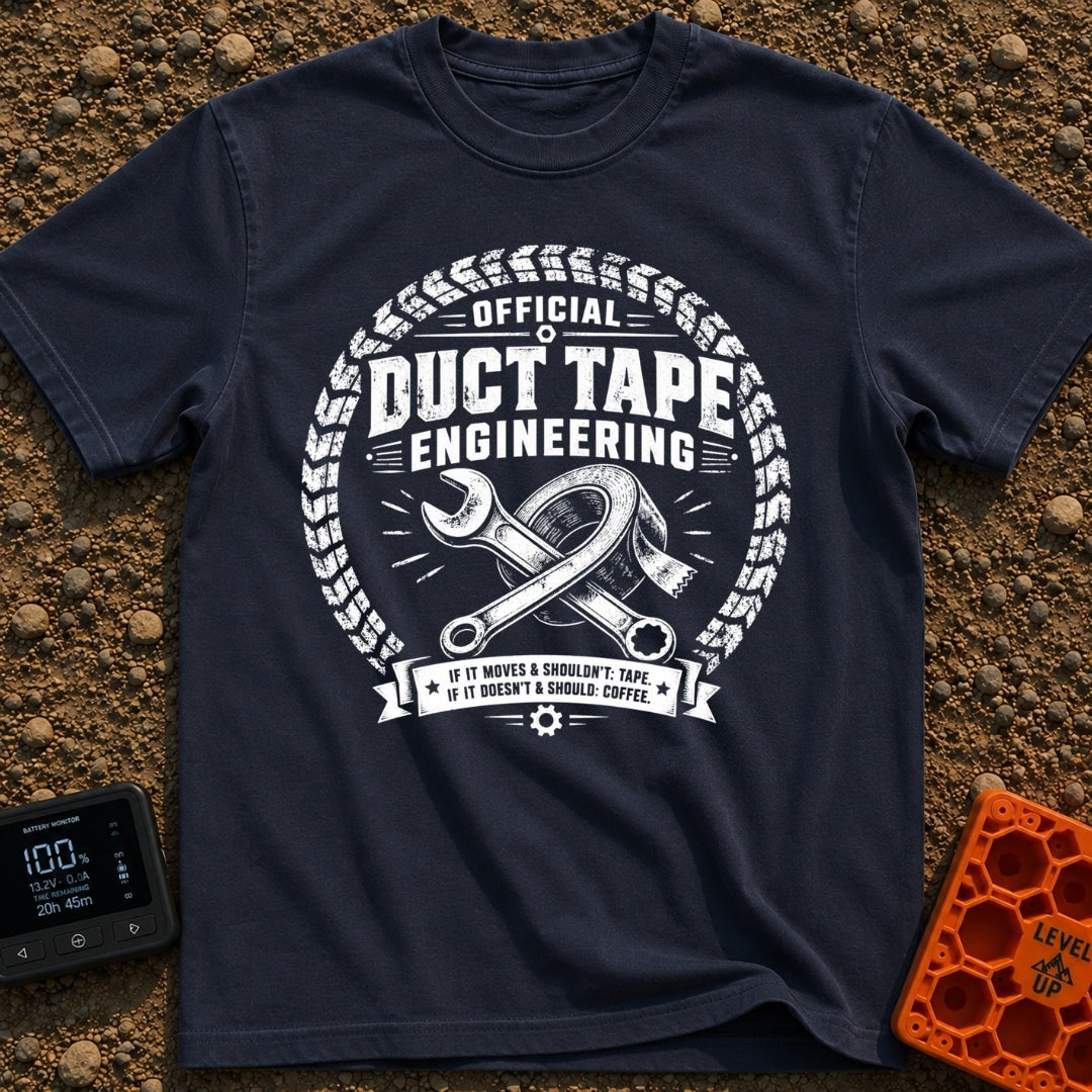 Temporary Permanent Fix - T-Shirt in Navy - A distressed black and white circular emblem featuring a crossed adjustable...