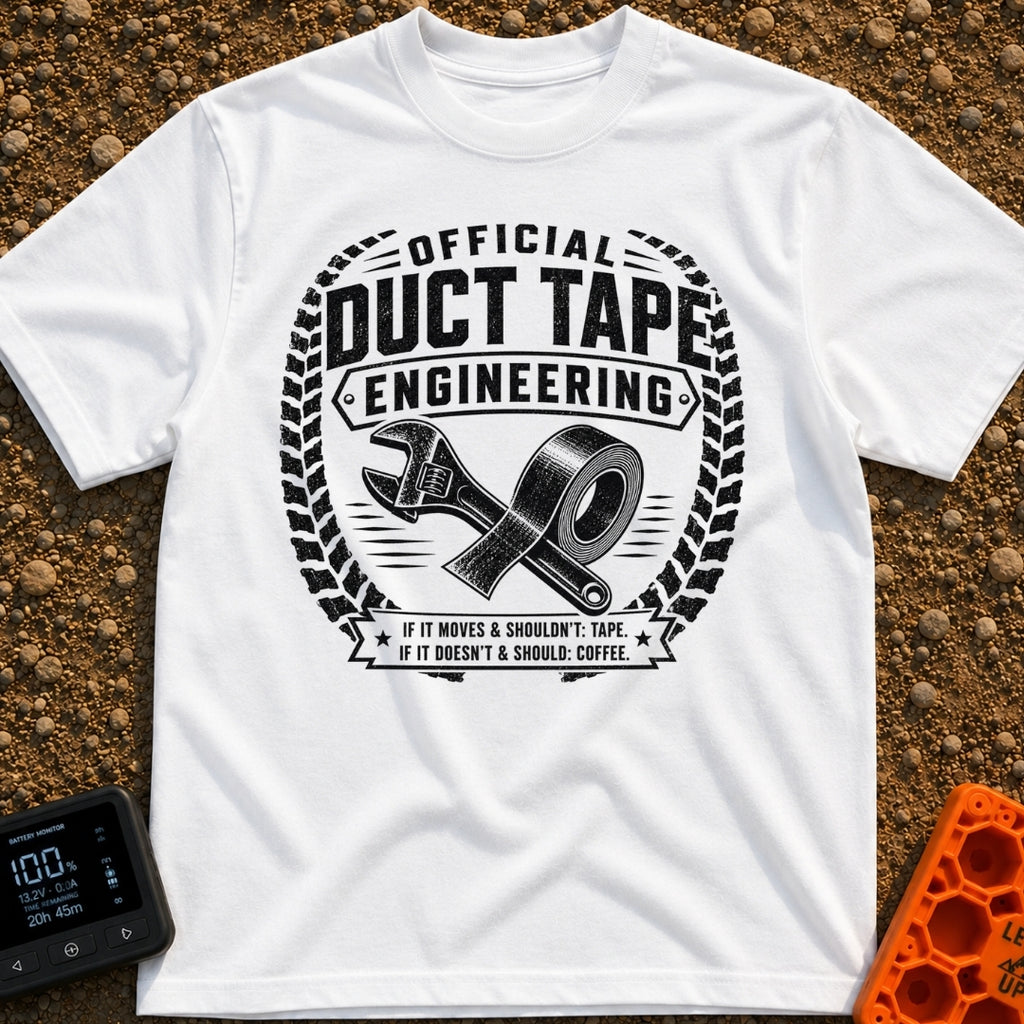 Temporary Permanent Fix - T-Shirt in White - A distressed black and white circular emblem featuring a crossed adjustable...