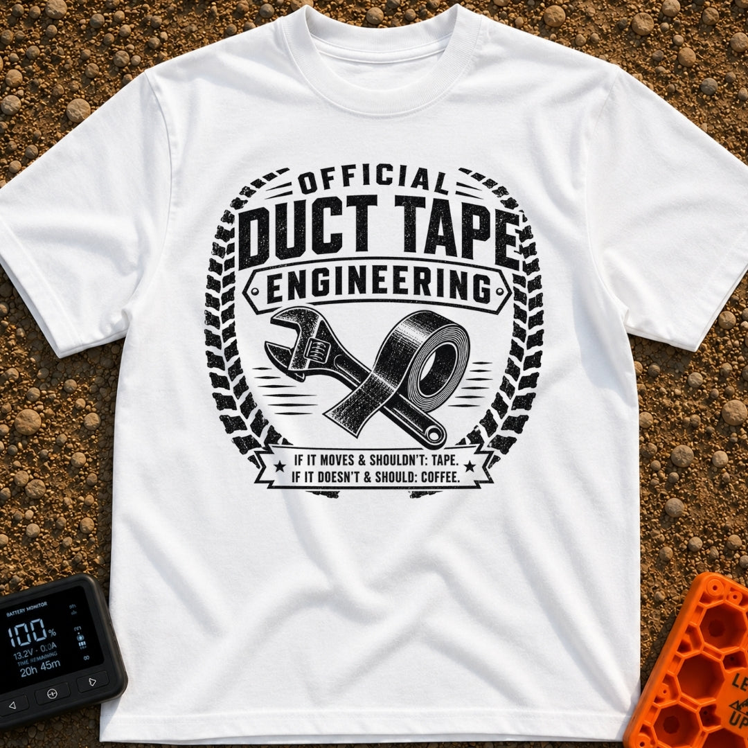 Temporary Permanent Fix - T-Shirt in White - A distressed black and white circular emblem featuring a crossed adjustable...