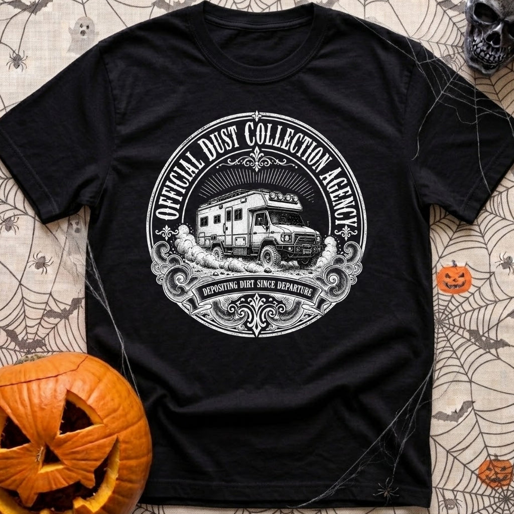 Dust Collector Inc - T-Shirt in Black - A black-and-white circular badge illustration of a heavy-duty expedition camper...