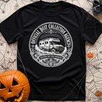 Dust Collector Inc - T-Shirt in Black - A black-and-white circular badge illustration of a heavy-duty expedition camper...