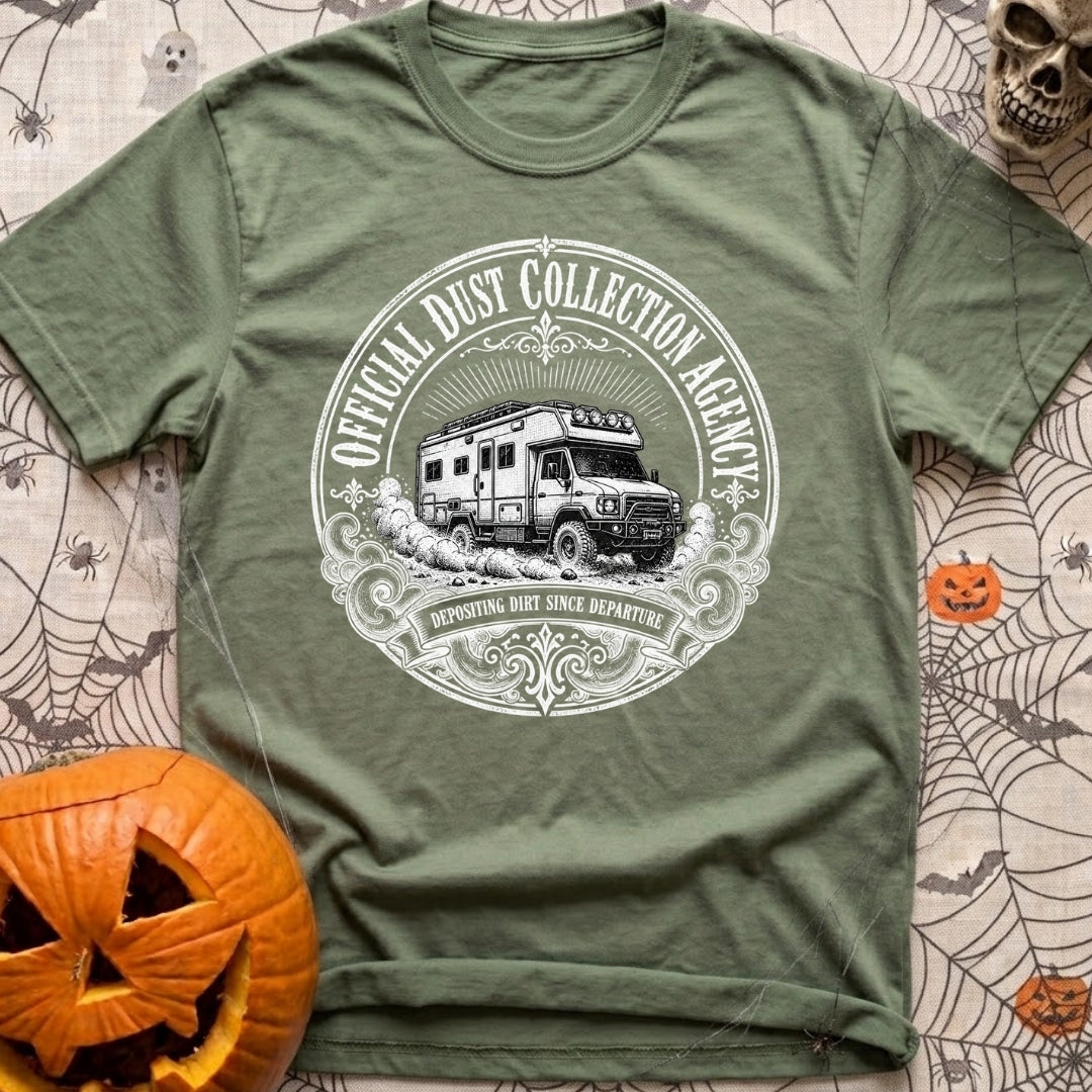 Dust Collector Inc - T-Shirt in Moss - A black-and-white circular badge illustration of a heavy-duty expedition camper...