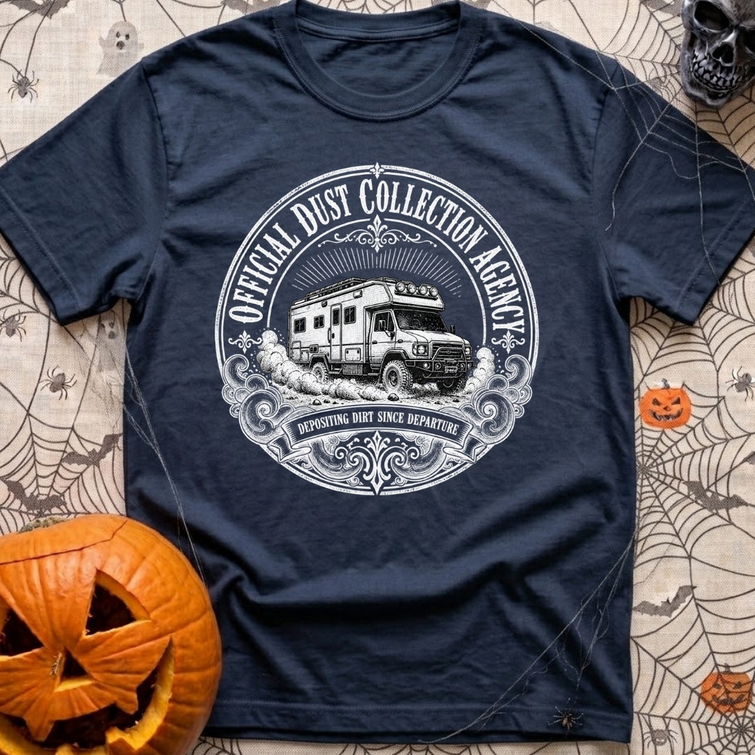 Dust Collector Inc - T-Shirt in Navy - A black-and-white circular badge illustration of a heavy-duty expedition camper...