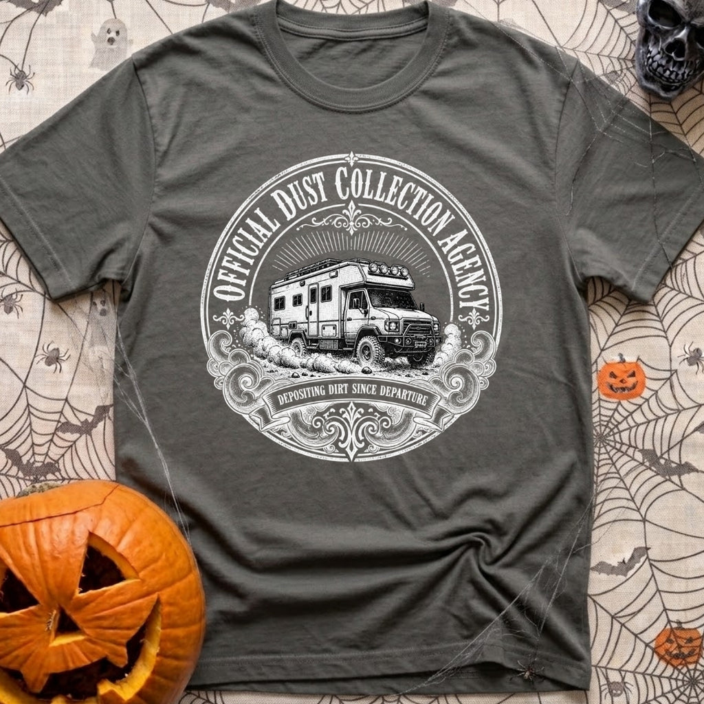 Dust Collector Inc - T-Shirt in Pepper - A black-and-white circular badge illustration of a heavy-duty expedition camper...