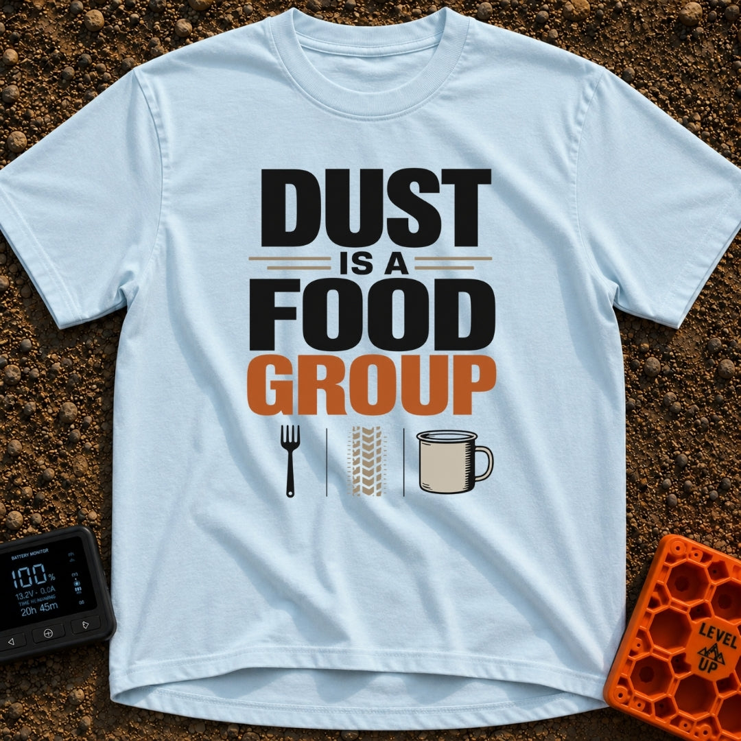 Dust Diet Delight - T-Shirt in Chambray - Typographic design reading "DUST IS A FOOD GROUP" stacked in bold block...