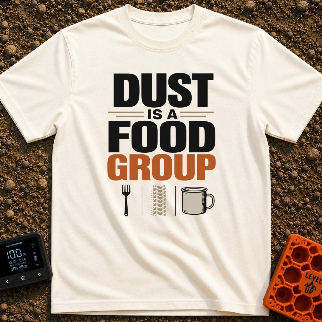 Dust Diet Delight - T-Shirt in Ivory - Typographic design reading "DUST IS A FOOD GROUP" stacked in bold block letters....