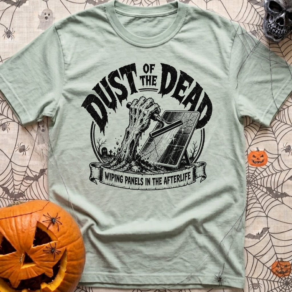 Dust Till Dawn - T-Shirt in Bay - A black and white illustration of a zombie hand rising from a dirt grave in a cemetery,...