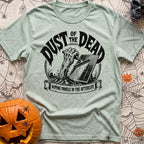 Dust Till Dawn - T-Shirt in Bay - A black and white illustration of a zombie hand rising from a dirt grave in a cemetery,...