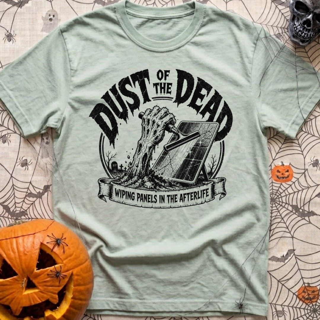 Dust Till Dawn - T-Shirt in Bay - A black and white illustration of a zombie hand rising from a dirt grave in a cemetery,...