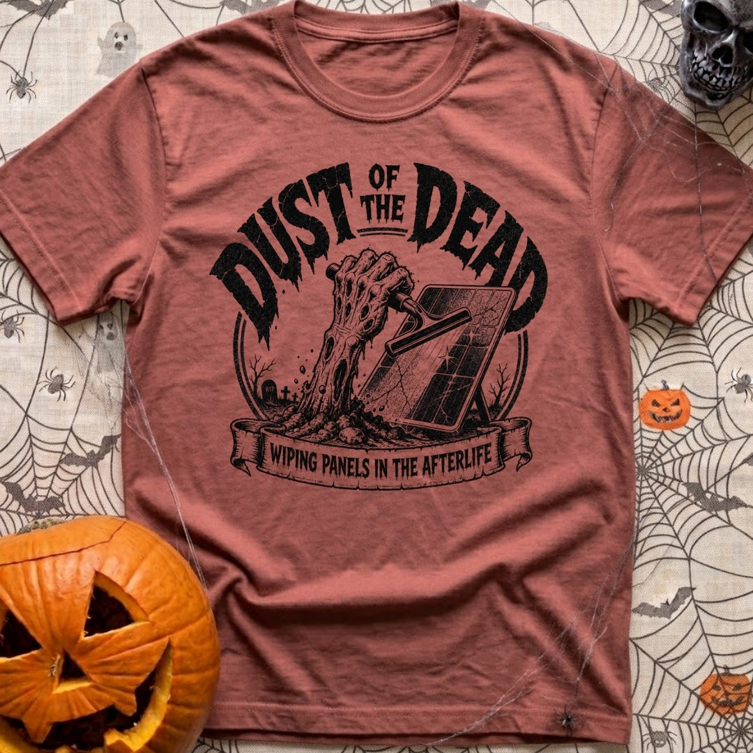 Dust Till Dawn - T-Shirt in Brick - A black and white illustration of a zombie hand rising from a dirt grave in a...