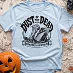 Dust Till Dawn - T-Shirt in Chambray - A black and white illustration of a zombie hand rising from a dirt grave in a...