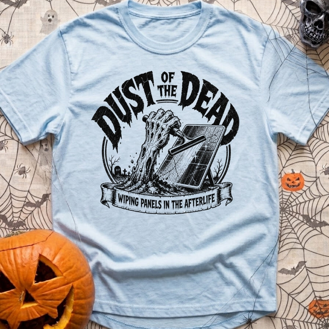 Dust Till Dawn - T-Shirt in Chambray - A black and white illustration of a zombie hand rising from a dirt grave in a...