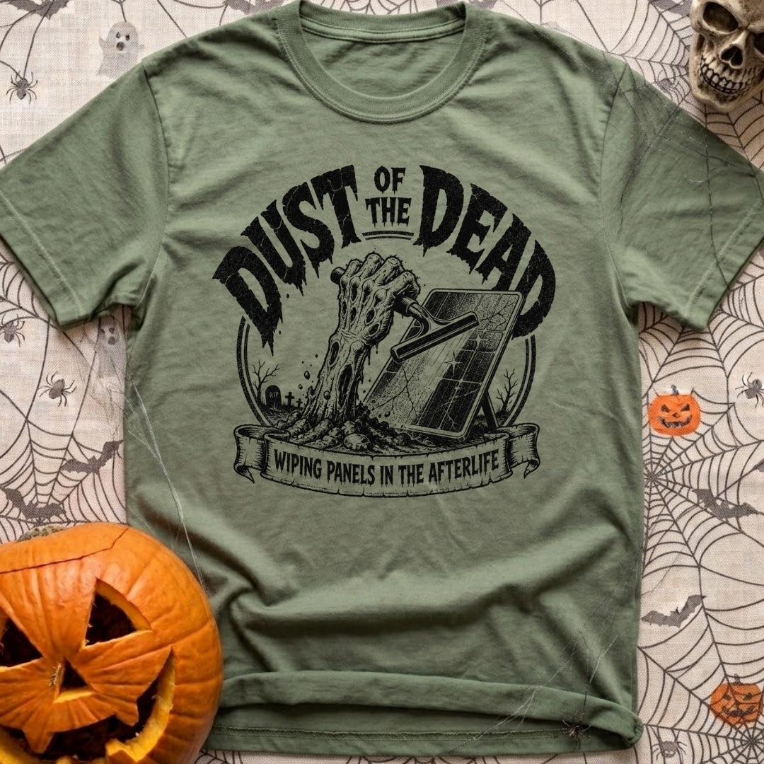Dust Till Dawn - T-Shirt in Moss - A black and white illustration of a zombie hand rising from a dirt grave in a...
