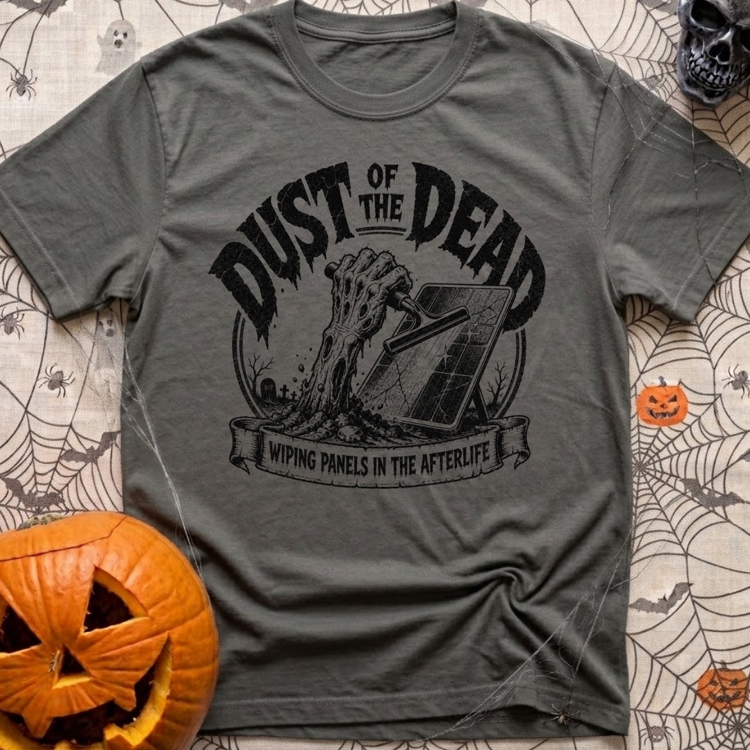 Dust Till Dawn - T-Shirt in Pepper - A black and white illustration of a zombie hand rising from a dirt grave in a...