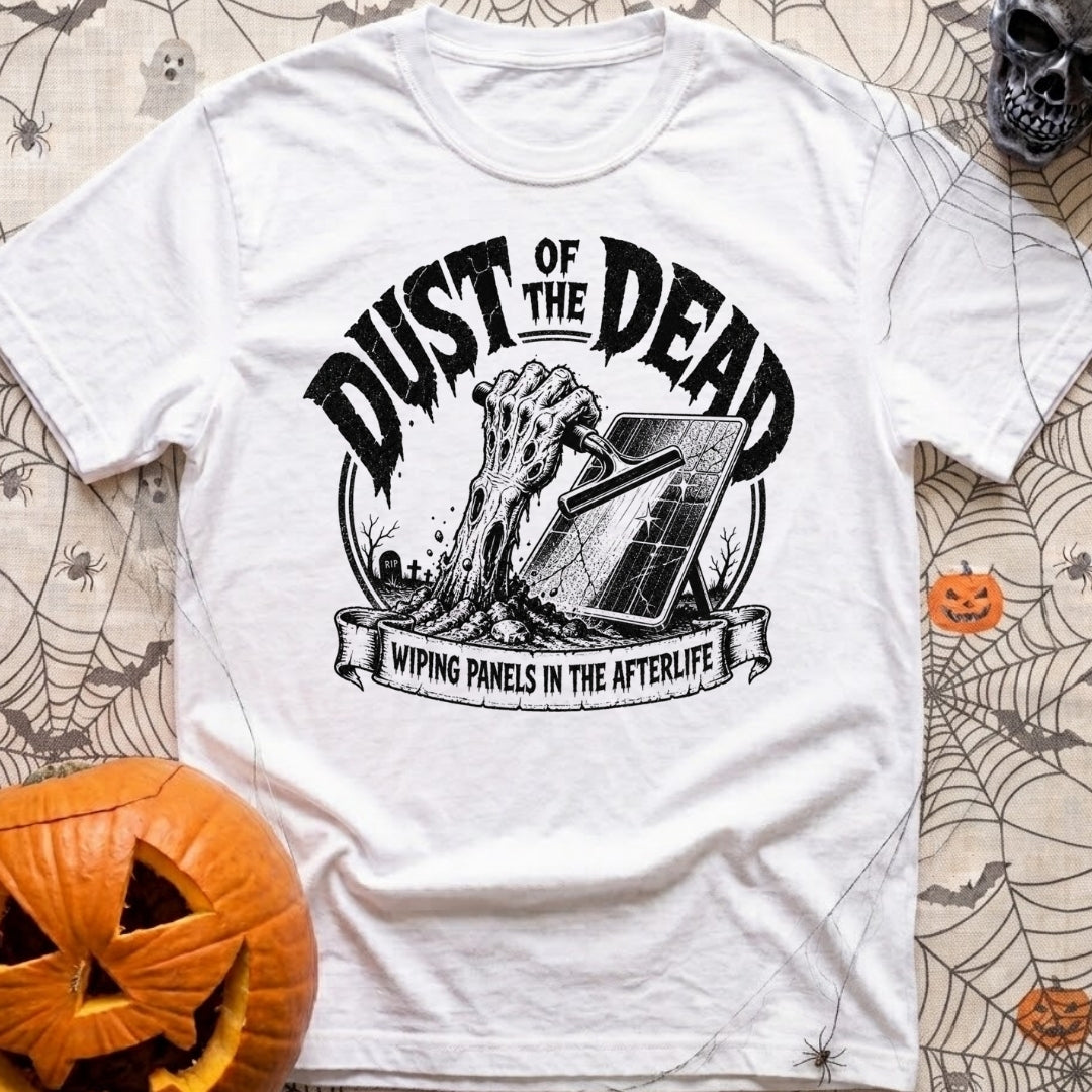 Dust Till Dawn - T-Shirt in White - A black and white illustration of a zombie hand rising from a dirt grave in a...