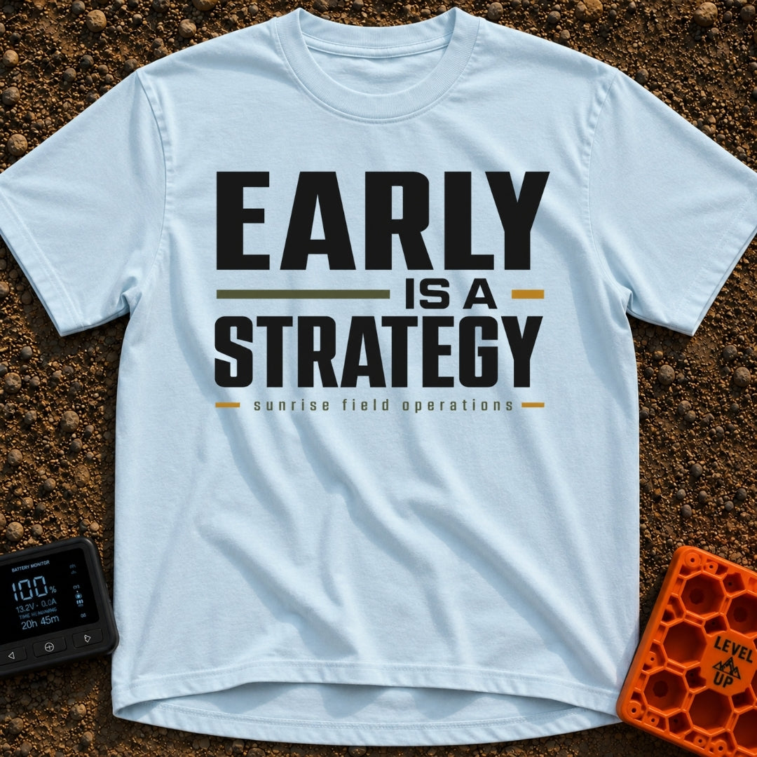 Early Bird Strategy - T-Shirt in Chambray - A typographic design featuring the words "EARLY IS A STRATEGY" in large, bold...