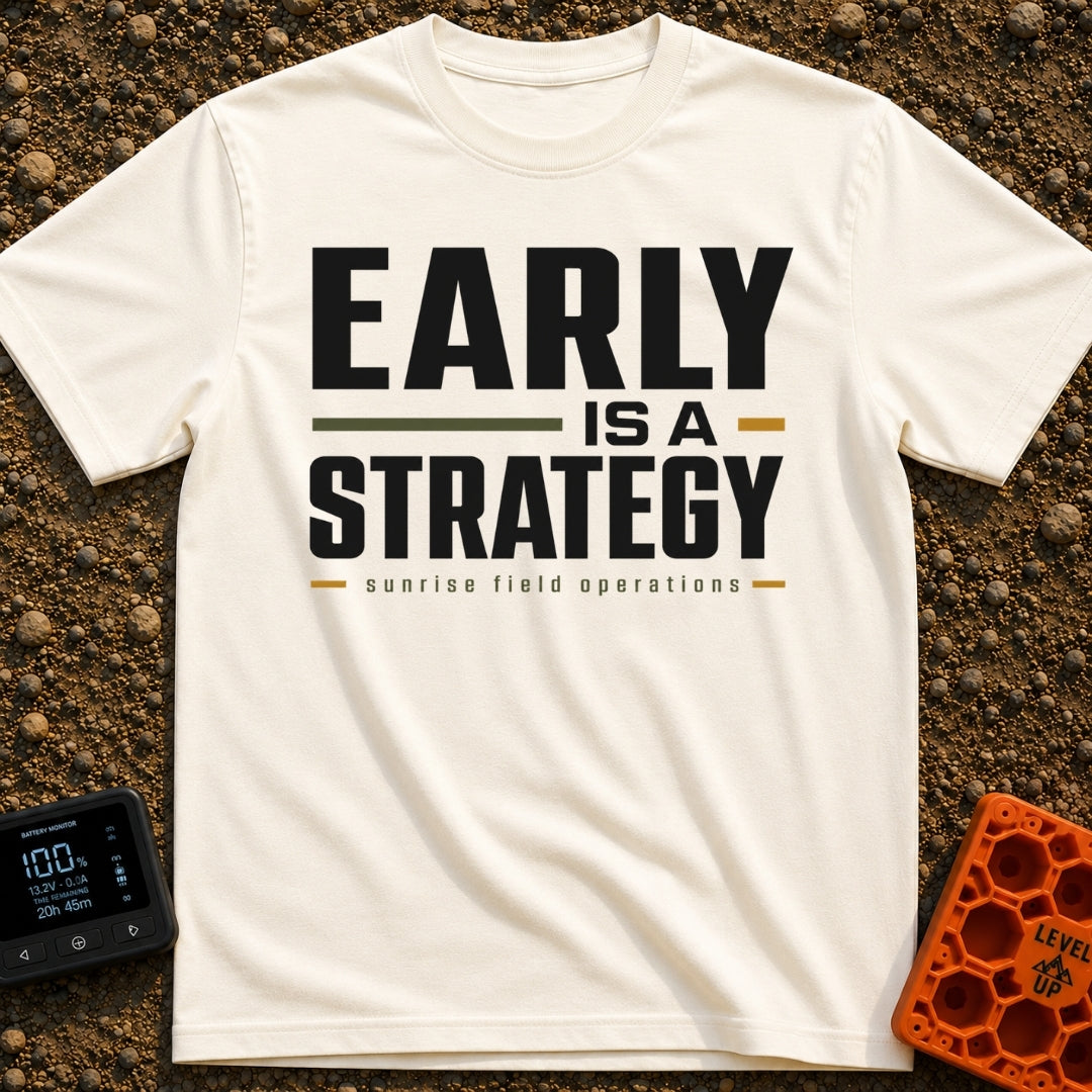 Early Bird Strategy - T-Shirt in Ivory - A typographic design featuring the words "EARLY IS A STRATEGY" in large, bold...