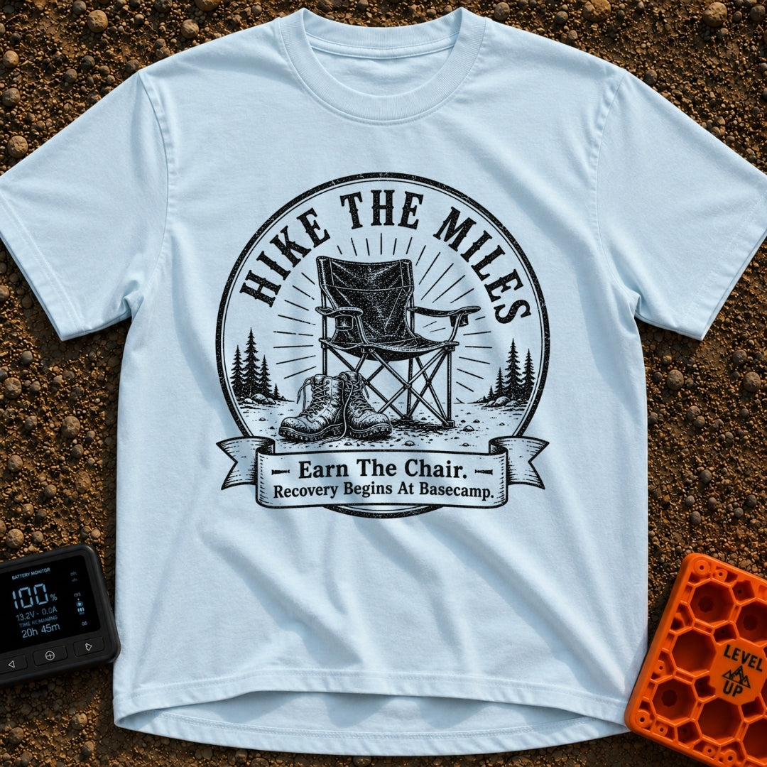 Earn Your Camp Chair - T-Shirt in Chambray - A black and white circular graphic featuring a folding camp chair and a pair...