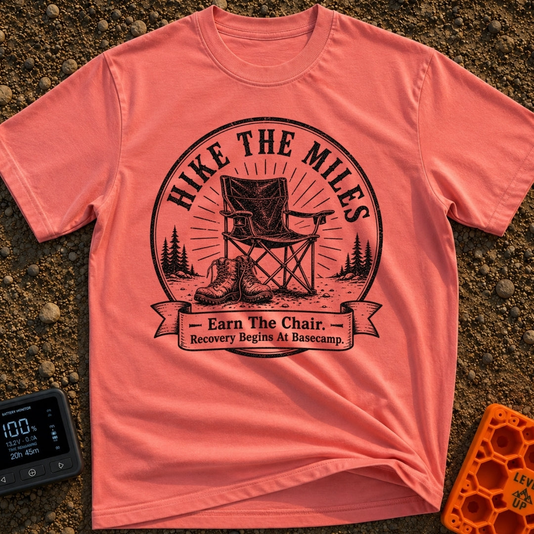 Earn Your Camp Chair - T-Shirt in Watermelon - A black and white circular graphic featuring a folding camp chair and a...