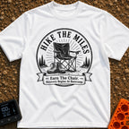 Earn Your Camp Chair - T-Shirt in White - A black and white circular graphic featuring a folding camp chair and a pair of...