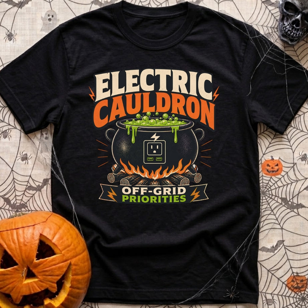 Electric Cauldron Priorities - T-Shirt in Black - An illustration of a black cauldron sitting over a wood campfire,...