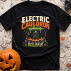 Electric Cauldron Priorities - T-Shirt in Black - An illustration of a black cauldron sitting over a wood campfire,...